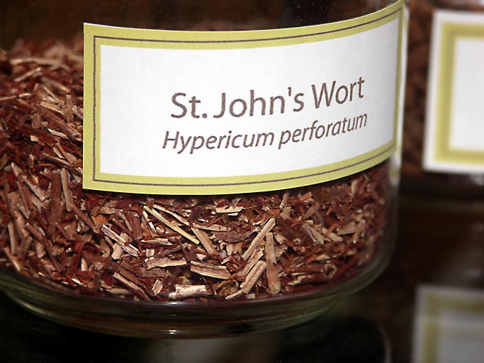 St. John's wort dried in jar with label